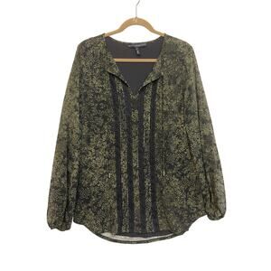 WHBM Woman’s pullover shirt Med Sage Green black‎ leaf print sheer lined